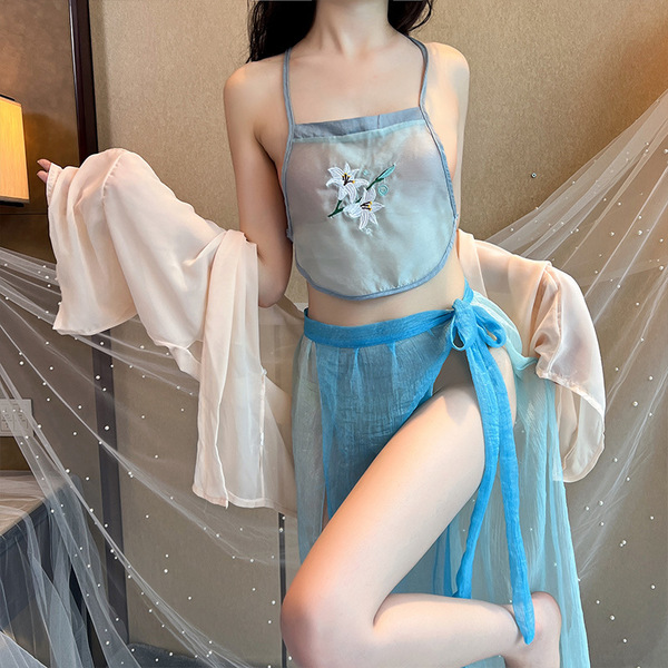 Vintage embroidered hanfu sleep dress with classical doudou belly wrap, featuring delicate floral design and sheer fabric for...