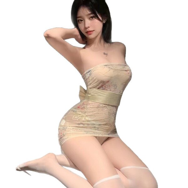 Pure & alluring lace kimono sleep set featuring sheer floral print, elegant bralette, bodycon nightdress, and matching robe.