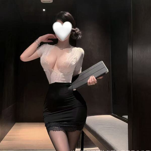 Woman modeling pure & alluring lingerie set – secretary style lace sleepwear with pencil skirt by qqny brand, holding clutch.