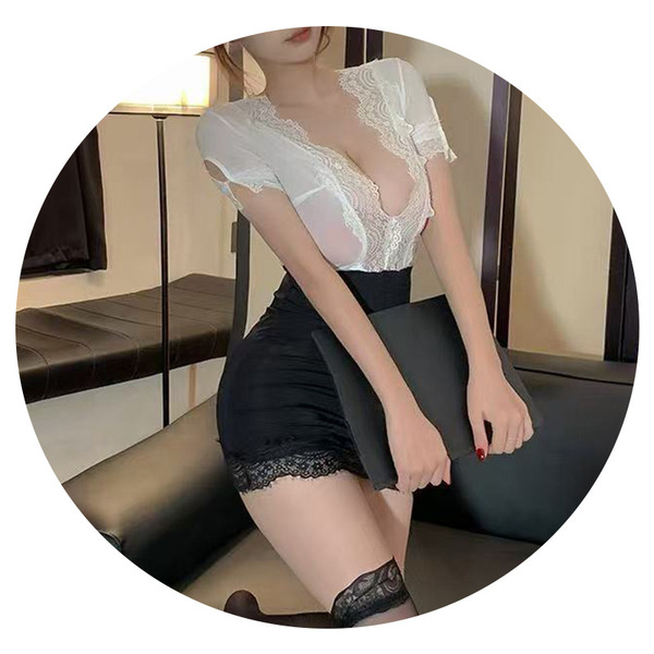 Woman wearing pure & alluring lingerie set – white lace top, black pencil skirt with lace trim, qqny brand, seated indoors.