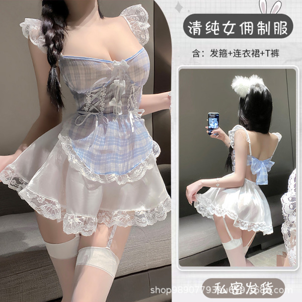 Tangdao Pure & Tempting Lingerie Set - Sheer Modest Sexy Sleepwear, Maid-Inspired Costume for Women - Pure and alluring maid outfit + matching stockings
