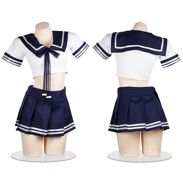 Front and back view of a japanese sailor uniform set, featuring a white crop top with navy blue accents and pleated skirt, id...