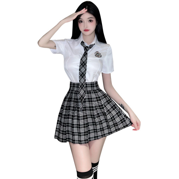 Woman in white blouse and plaid skirt saluting, wearing pure & playful japanese school uniform set - cute jk style lingerie f...