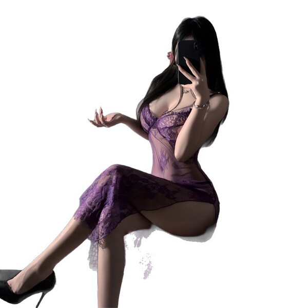 Woman in purple sheer lingerie set with lace details, posing elegantly for a selfie. pure & playful lingerie set - seductive ...