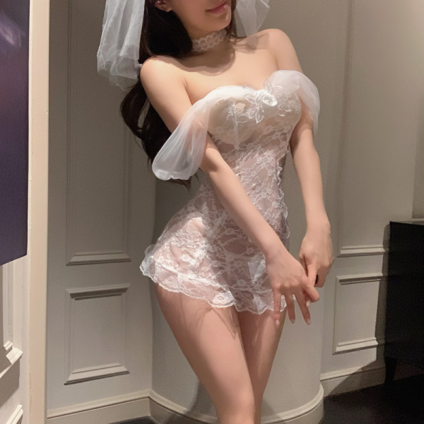 Woman wearing pure & playful lingerie set - sexy sheer sleepwear, romantic bridal nightwear with sweet temptation style.