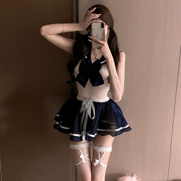 Night-Su Seductive Sailor Uniform Bodysuit - Cute Schoolgirl Puff Skirt Open-Crotch Lingerie for Women - Pure and alluring bodysuit + skirt [stockings not included]