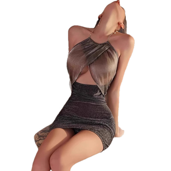 Woman wearing a sexy strapless bodycon nightclub set with a sheer top and fitted skirt, showcasing the pure & seductive busty...