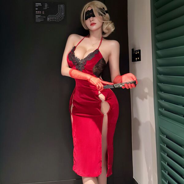 A woman poses in a red lace bodysuit with a thigh-high slit, holding a knife. the outfit features a black mask and gloves, st...