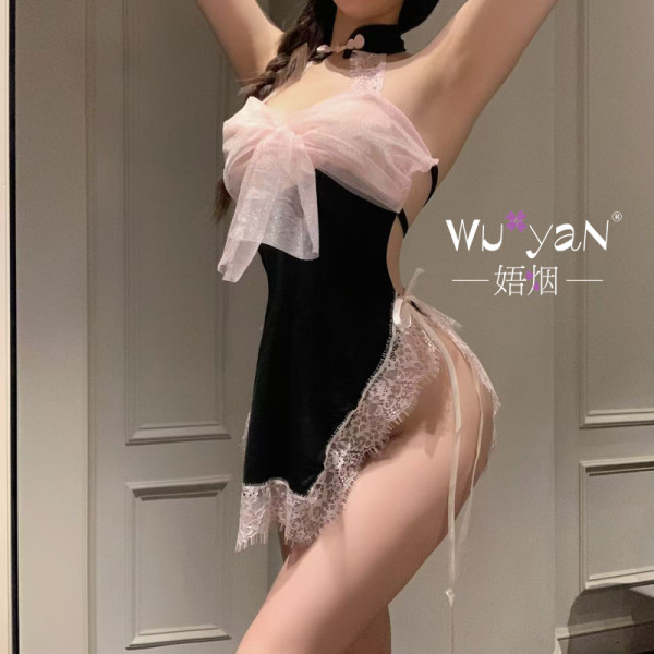 Model wearing pure & seductive lingerie set - modest yet sexy maid outfit, jk-style sleepwear with no-remove design.