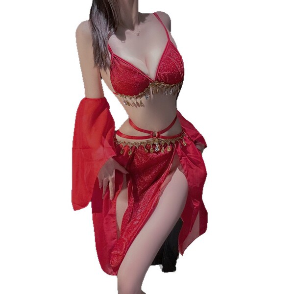 Red lingerie set with sheer sleeves and gold accents, perfect for couples, cosplay, or intimate roleplay.