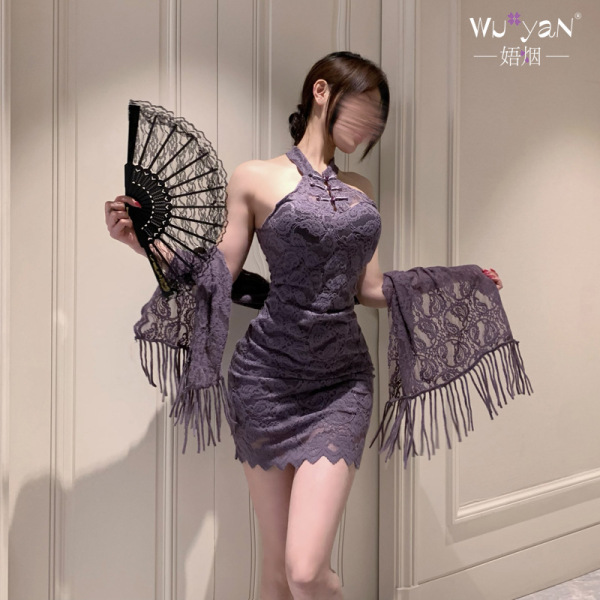 Woman modeling purple lace qqny silk-look cheongsam bodysuit with matching high-waisted pencil skirt, holding lace fan and sh...