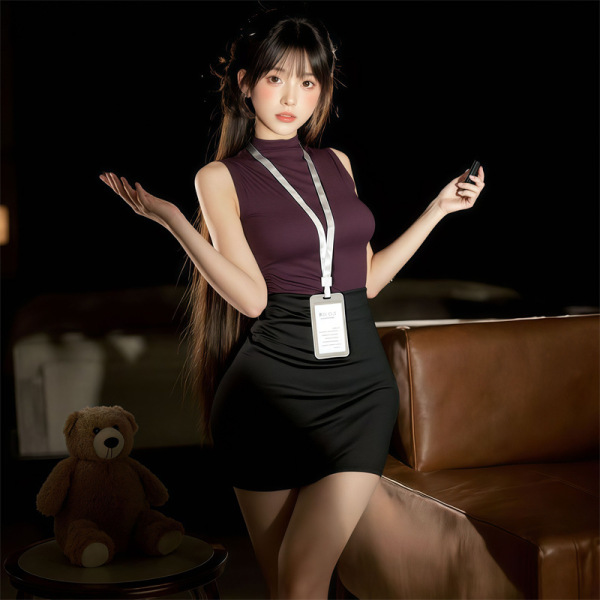 Woman in purple top and black skirt with lanyard, posing beside teddy bear on stool — pure & seductive secretary skirt set.