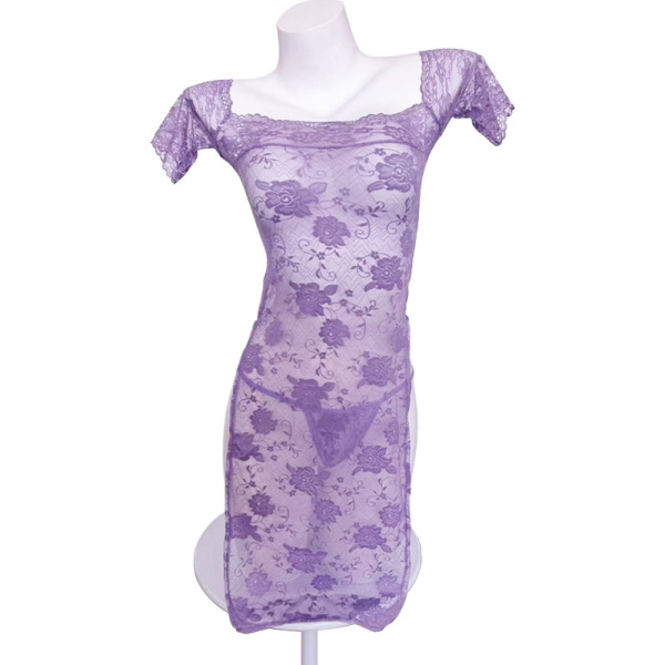 Sheer purple floral qipao lingerie set with one-shoulder design and rearless cut for a seductive look.