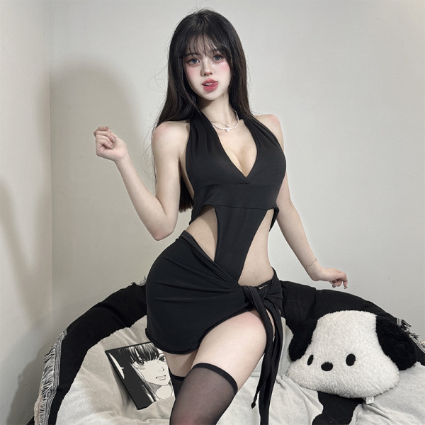Woman wearing black luxury pure-sensual lingerie set – push-up open-crotch bodysuit with bodycon slip dress, enhancing small ...