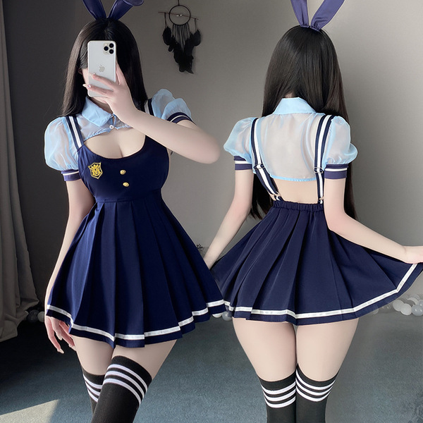 Pure & sexy lingerie set featuring a navy pleated skirt with suspenders, bunny ears, and a school uniform top, perfect for co...