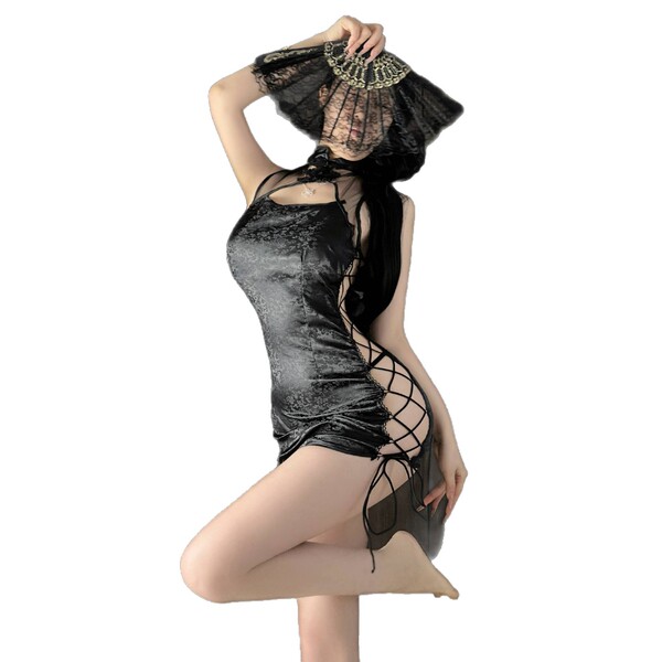 Sexy high-slit silk-blend cheongsam lingerie set featuring elegant lace details and flirty uniform-inspired design, perfect f...