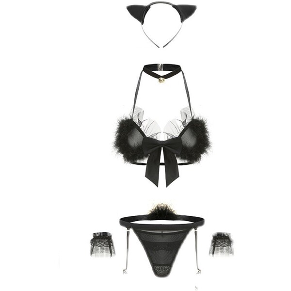 Pure & tempting catwoman lingerie set with sheer bra, open-crotch panties, cat ears, and fluffy accents for role play.