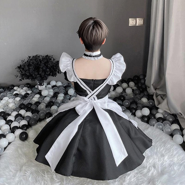 Pure & tempting male maid costume set - sexy cosplay sleepwear uniform for adults, featuring a black dress with white accents...