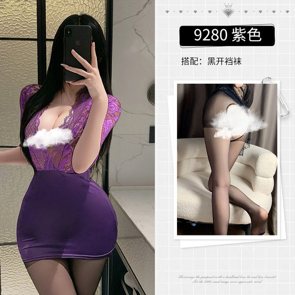 Purple OL Secretary Sexy Lingerie Set – Deep V Lace Sheer Tight Fit Skirt Outfit - Purple and black open-crotch stockings