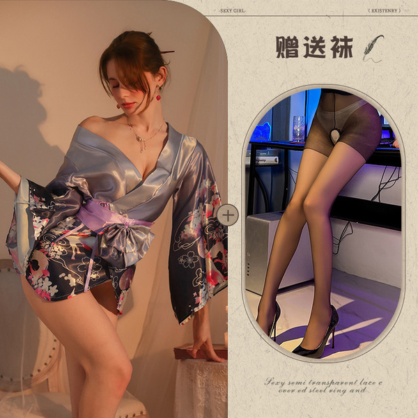 Mannyqing Japanese Kimono-Style Lingerie Set - Sexy Satin Open-Front Sleep Dress with Alluring Floral Print - Purple and black open-crotch socks
