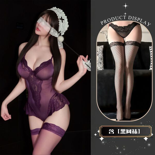 QQNY Pure Allure Sleepwear Set – Elegant Sensual Lingerie for Women, Luxury Bedroom Wear - Purple and black fishnet stockings