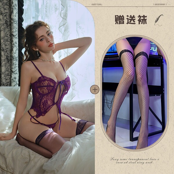 Mannyqing Lingerie Set - Sexy Lace Sheer Bodysuit with Cut-Out Details & Waist-Cinching Design for Women - Purple and black fishnet stockings