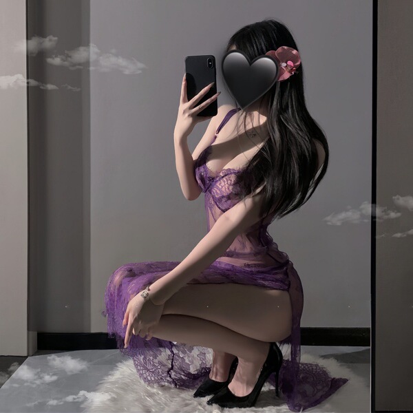 Pure & Seductive Lingerie Set – Modest Yet Sexy Lace Long Dress Sleepwear, No-Remove Cosplay Uniform - Purple and black fishnet stockings