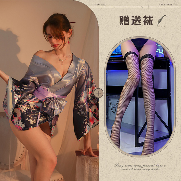 Yetingxiang Purple Sensual Robe Sleep Dress – Japanese-Inspired Kimono Style Lingerie with Waist Tie & Floral Design - Purple and black fishnet stockings