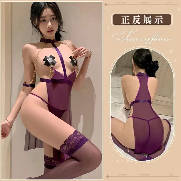 Seductive Lace Sheer Chemise - Strapless Hook-Neck Erotic Lingerie with Back Cutouts & SM-Inspired Design - Purple and black open-crotch socks