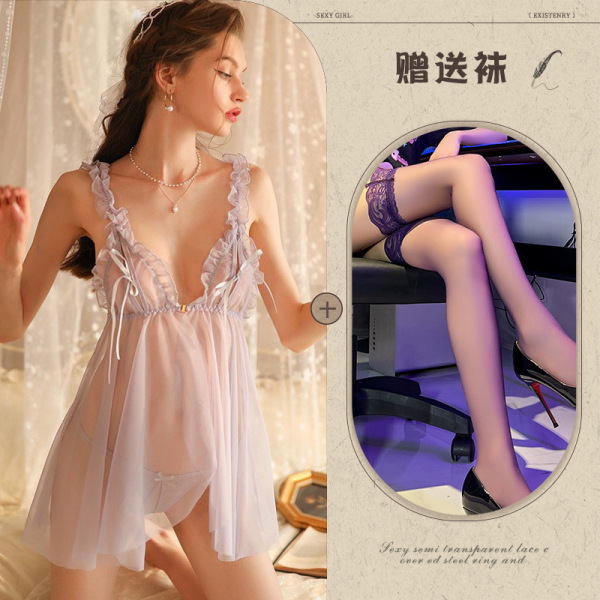 Manny Night Sensual Lingerie Set - Sexy Sheer Lace Sleep Dress with Open Bust & Cut-Out Details for Women - Purple + Black Stockings