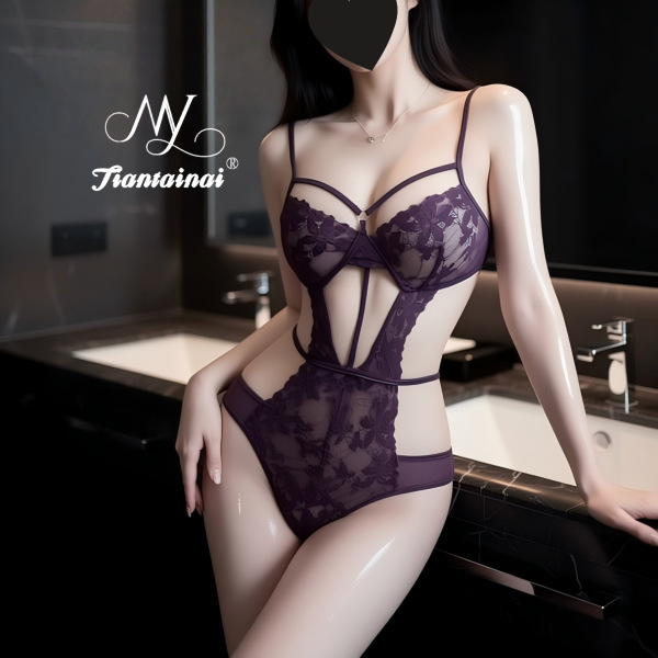 Pure & Seductive Lace Lingerie Set - Sexy Sheer Plus Size Intimate Outfit for Women - Purple + Black Opening