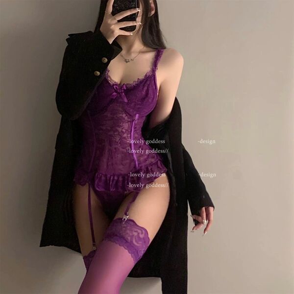 Sexy Lace Sleepwear for Women - Busty-Looking Mesh Chemise with Sheer Bodice & Seductive Thigh-High Socks - Purple corset