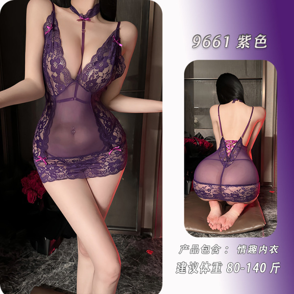Sheer Lace Cami Nightgown - Sexy Deep V Sleep Dress with Adjustable Straps & Romantic Mesh Detail - Purple bodycon skirt + thong