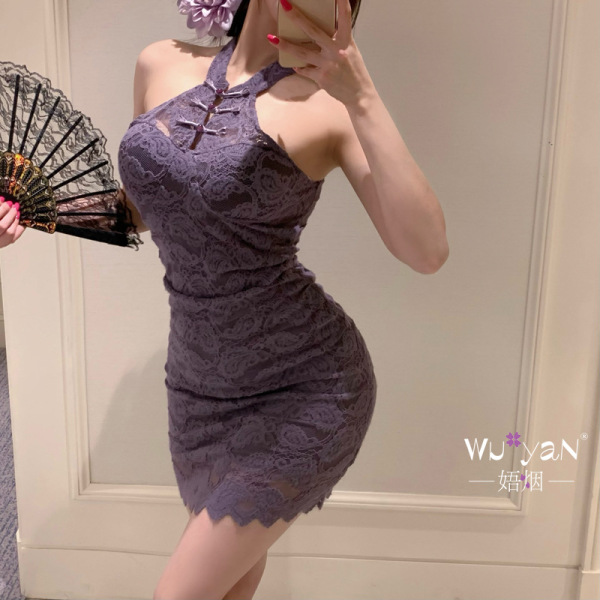 Pure & Seductive Lingerie Set - QQNY Silk-Look Cheongsam Bodysuit with High-Waisted Pencil Skirt, Elegant Sensual Outfit - Purple cheongsam [with breast pads] + black stockings