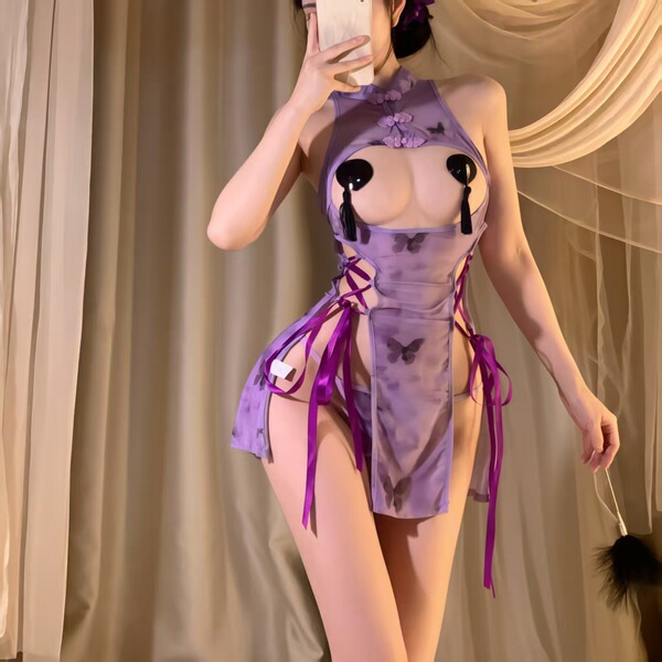 Lubei Vintage Chinese-Inspired Lingerie Set – Plus Size Hanfu-Style Busty Bodysuit, Modest Yet Alluring Sleepwear Ensemb - Purple [Cheongsam + T-shirt]