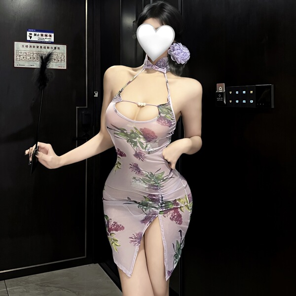 Pure & Seductive Lingerie Set – Modest Yet Alluring Qipao-Inspired Sexy Sleepwear for Women - Purple cheongsam