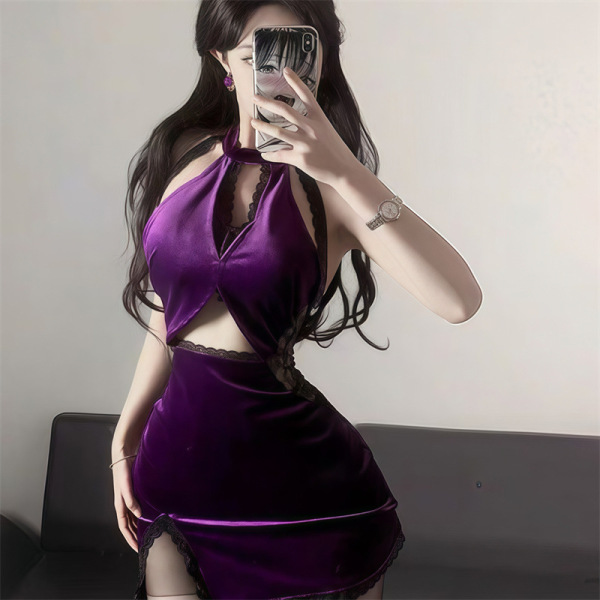 Pure & Dark Lingerie Set - Velvet Witch Cosplay Sleep Dress for Role Play, Sexy & Stylish - Purple cheongsam (socks not included)