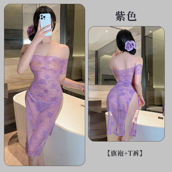 QQNY Pure Allure Sleepwear Set – Elegant Sensual Lingerie for Women, Luxury Bedroom Wear - Purple cheongsam + white open-crotch socks