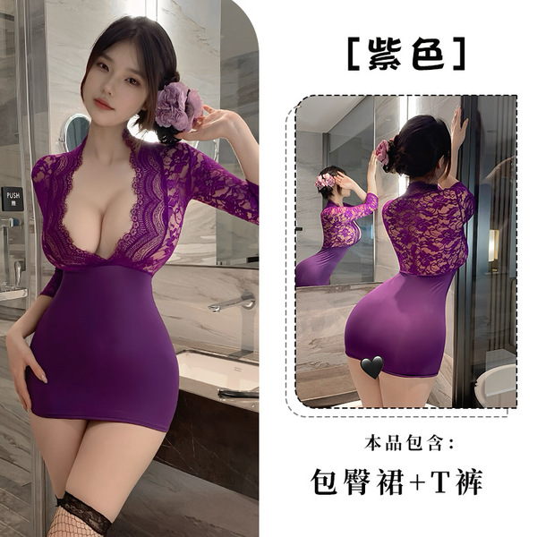 Fan Lei Sexy Lace Long Dress - Purple Lingerie Set, Pure & Tempting Sleepwear Outfit - Purple dress + thong + black stockings