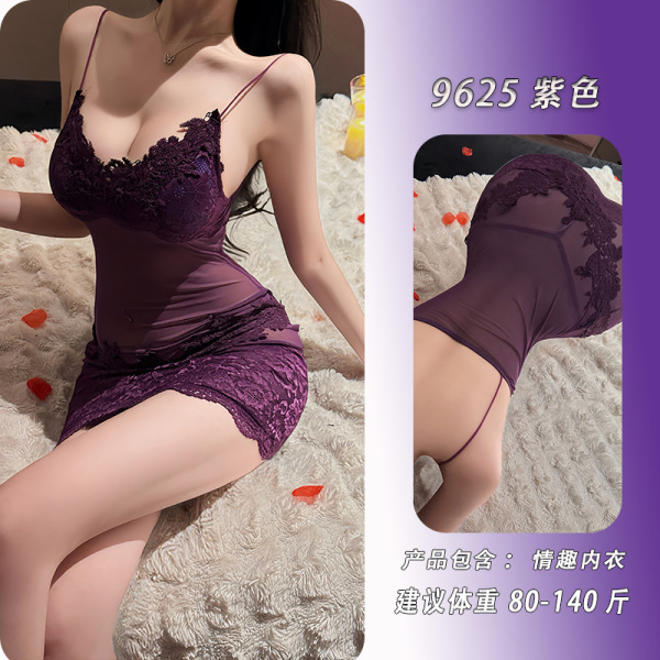 Feiniao Kuiyue Sheer Lace Sleep Dress - Transparent Mesh Slip Nightgown, Pure & Tempting QQNY Style Women's Lingerie - Purple lace slip dress