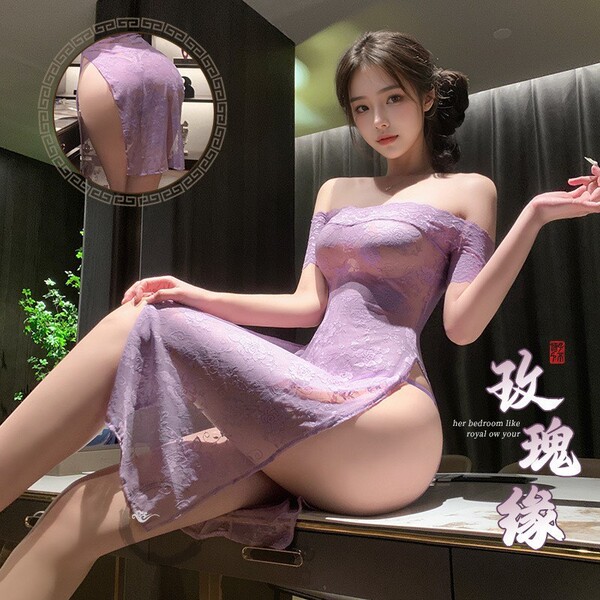 Seductive Purple Yam Lace Cheongsam Dress - Sheer One-Shoulder Sensual Uniform Outfit for Adults - Purple lace cheongsam dress + purple stockings