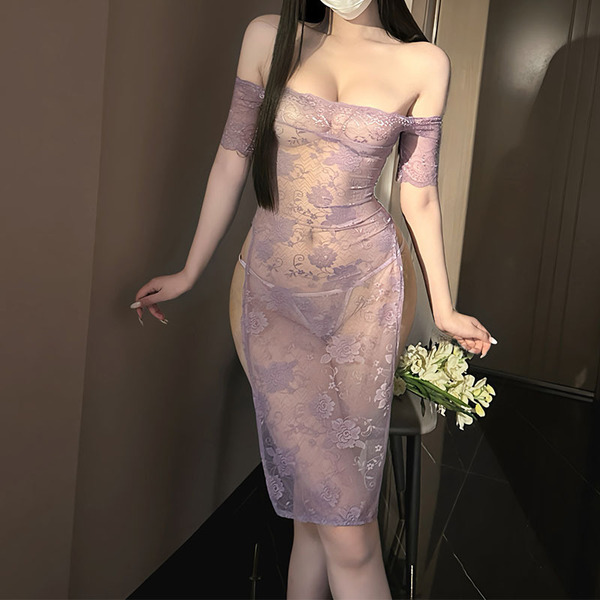 Purple Lace Pure-Temptation Sleepwear Dress - QQNY Cheongsam-Inspired Sensual Lounge Set, Flirty Busty Nightgown - Purple lace dress + thong + purple open-crotch stockings