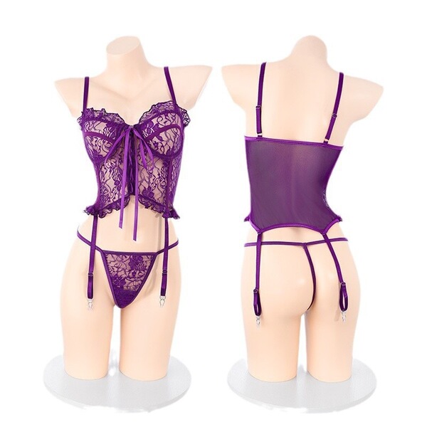 Purple lace lingerie set featuring sheer bodysuit with adjustable ties and waist cinching design for women.