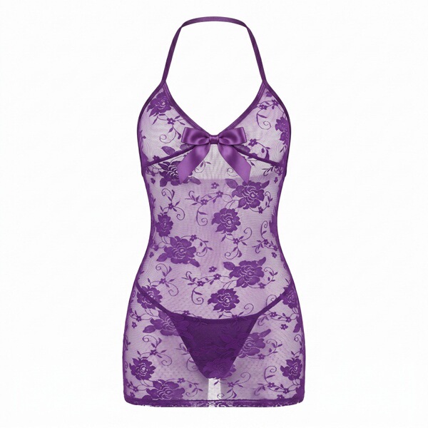 Purple lace sleep dress with floral pattern and bow, designed for small bust, playful and seductive nightgown style.