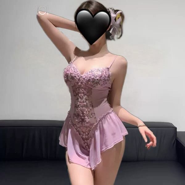 Floral Lingerie Sleepwear Set - Elegant Lace-Trimmed Bodysuit with Sheer Mesh & Push-Up Design - Purple leaves