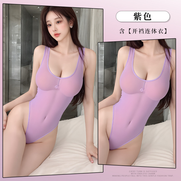 Sensual Sheer Lace Bodysuit Swimwear - Open-Crotch One-Piece Mesh Tankini Set for Adults - Purple