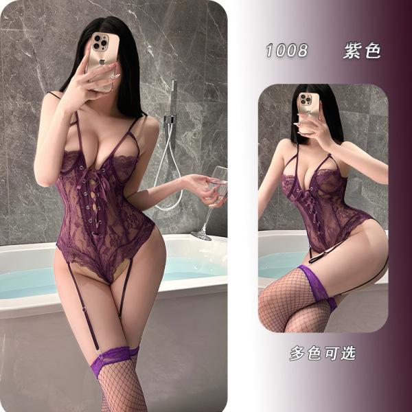 YeYu Plus Size Lace Lingerie Set with Underwire & Padded Cups - Sexy Uniform-Inspired Women's Intimate Apparel - Purple
