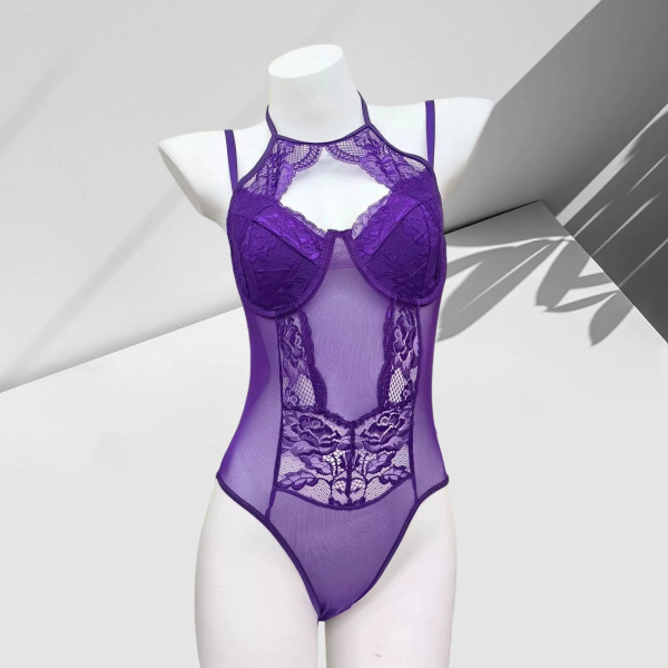 Pure & Sexy Lace Halter Top - Flirty Cropped Bodysuit for Layering, Body-Conscious Lingerie-Inspired Fashion - Purple