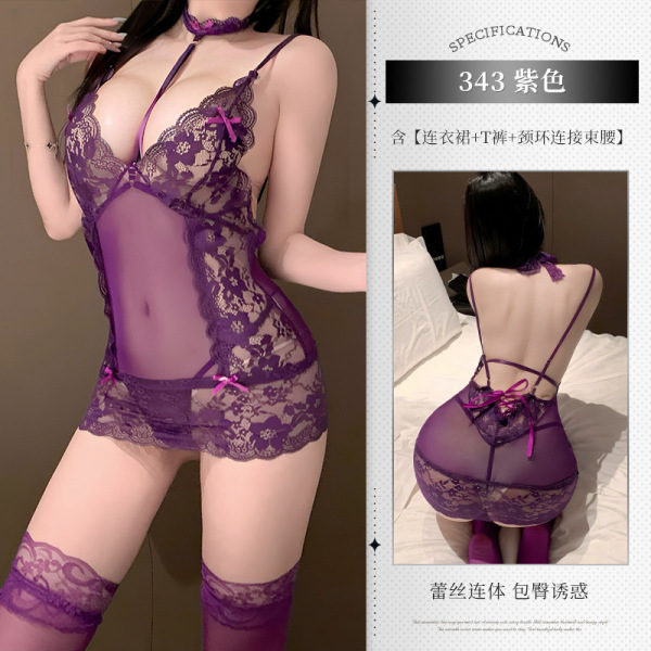 High-End Seductive Lace Bodysuit - Sheer Temptation Bodycon Nightdress for Women, Deep V-Neck Sleepwear - Purple