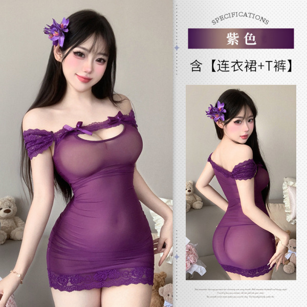 Sensual Lace Mesh See-Through Bodycon Nightclub Skirt Set - Cutout Corset Mini Dress Outfit 8367 - Purple